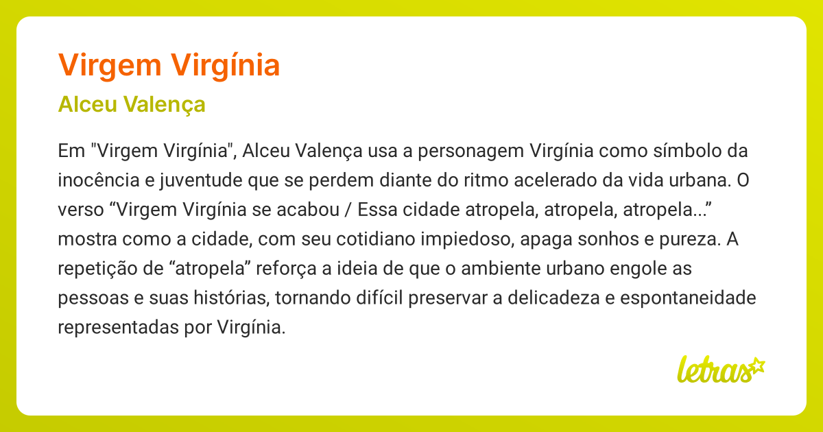 Significado da música VIRGEM VIRGÍNIA (Alceu Valença) - LETRAS.MUS.BR