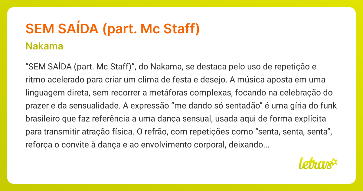 Significado da música SEM SAÍDA (PART. MC STAFF) (Nakama) - LETRAS.MUS.BR