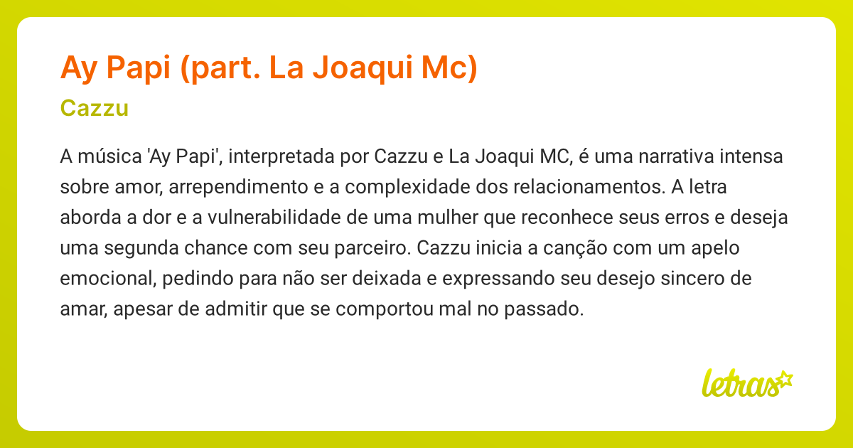 Significado da música AY PAPI (PART. LA JOAQUI MC) (Cazzu) - LETRAS.MUS.BR