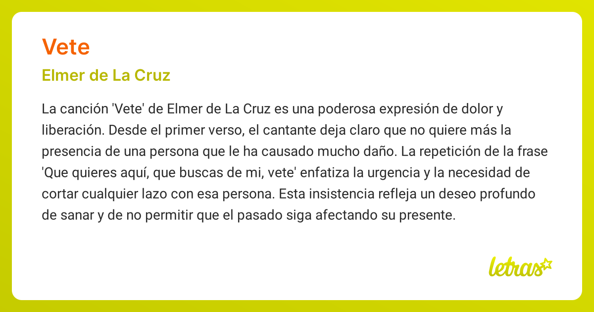 Significado de la canción VETE (Elmer de La Cruz)
