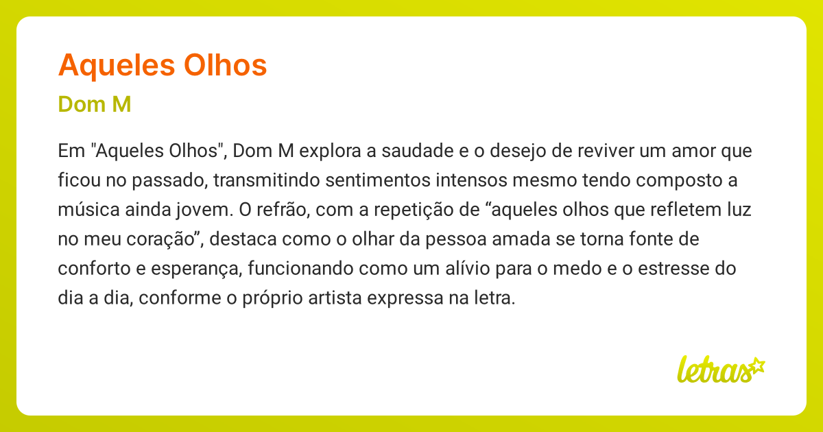 Significado da música AQUELES OLHOS (Dom M) - LETRAS.MUS.BR