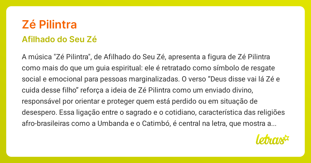 Significado da música ZÉ PILINTRA (Afilhado do Seu Zé) - LETRAS.MUS.BR