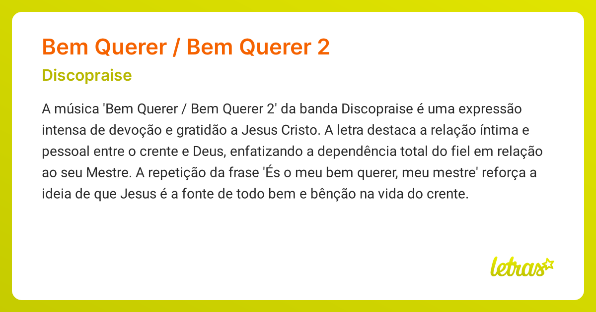 Significado da música BEM QUERER / BEM QUERER 2 (Discopraise) - LETRAS ...