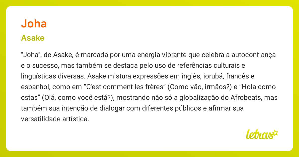 Significado da música JOHA (Asake) - LETRAS.MUS.BR