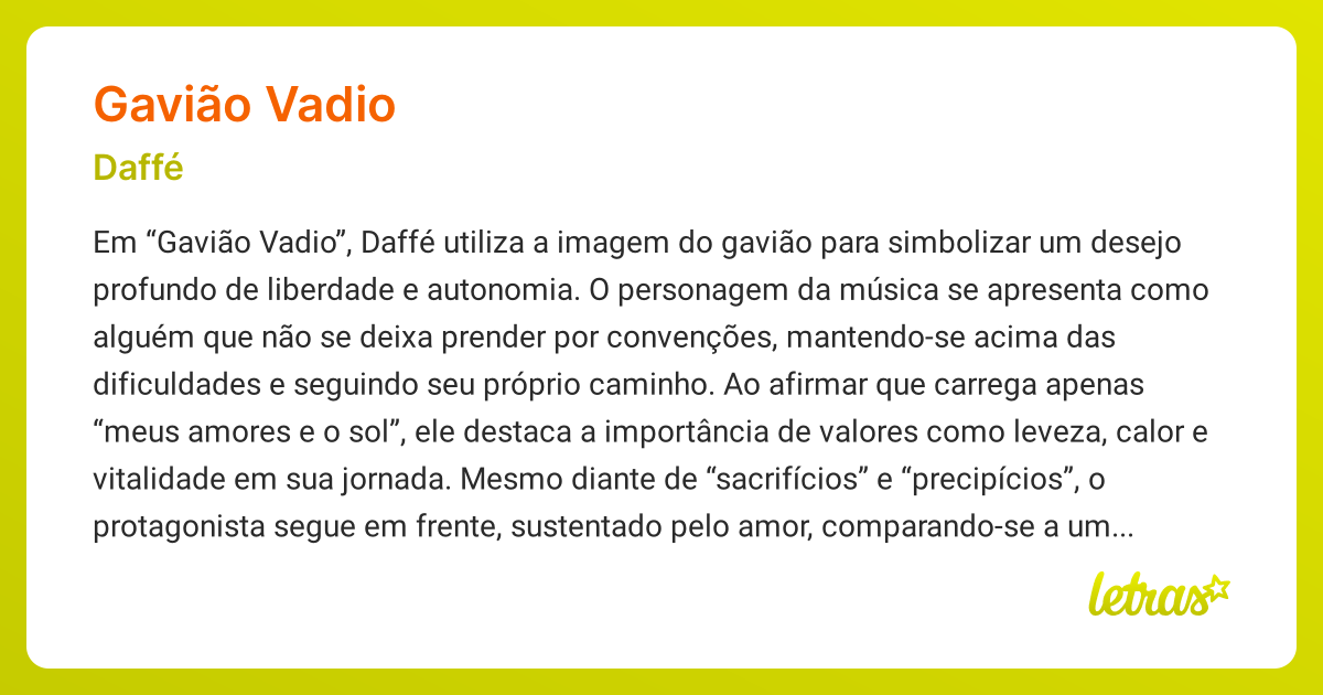 Significado da música GAVIÃO VADIO (Daffé) - LETRAS.MUS.BR