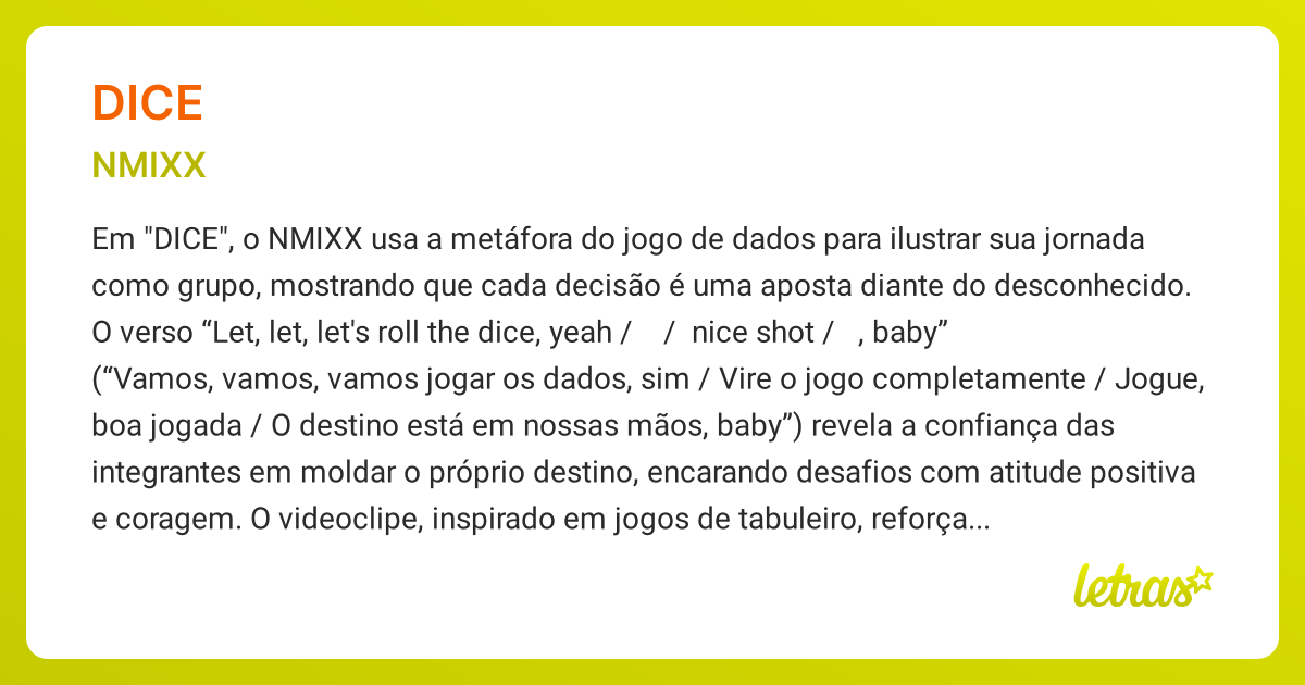 Significado da música DICE (NMIXX) LETRAS.MUS.BR