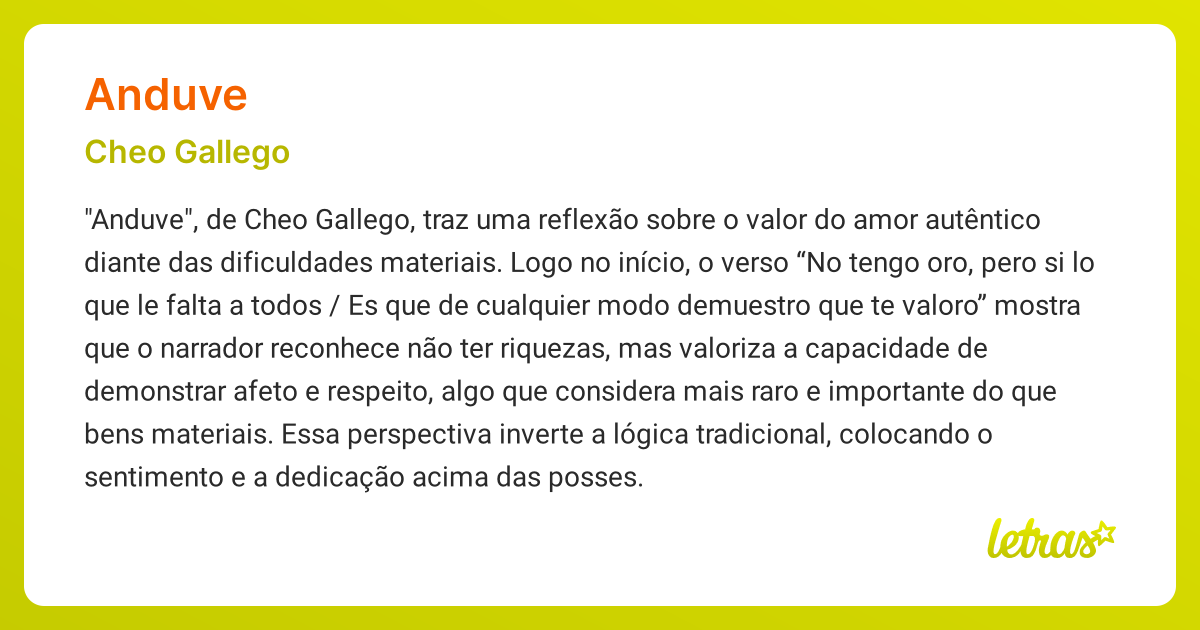 Significado da música ANDUVE (Cheo Gallego) - LETRAS.MUS.BR