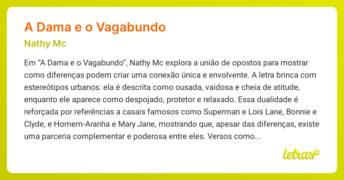 Significado da música A DAMA E O VAGABUNDO (Nathy Mc) - LETRAS.MUS.BR