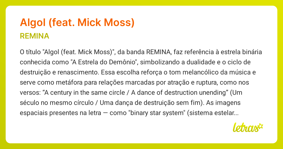 Significado da música ALGOL (FEAT. MICK MOSS) (REMINA) - LETRAS.MUS.BR