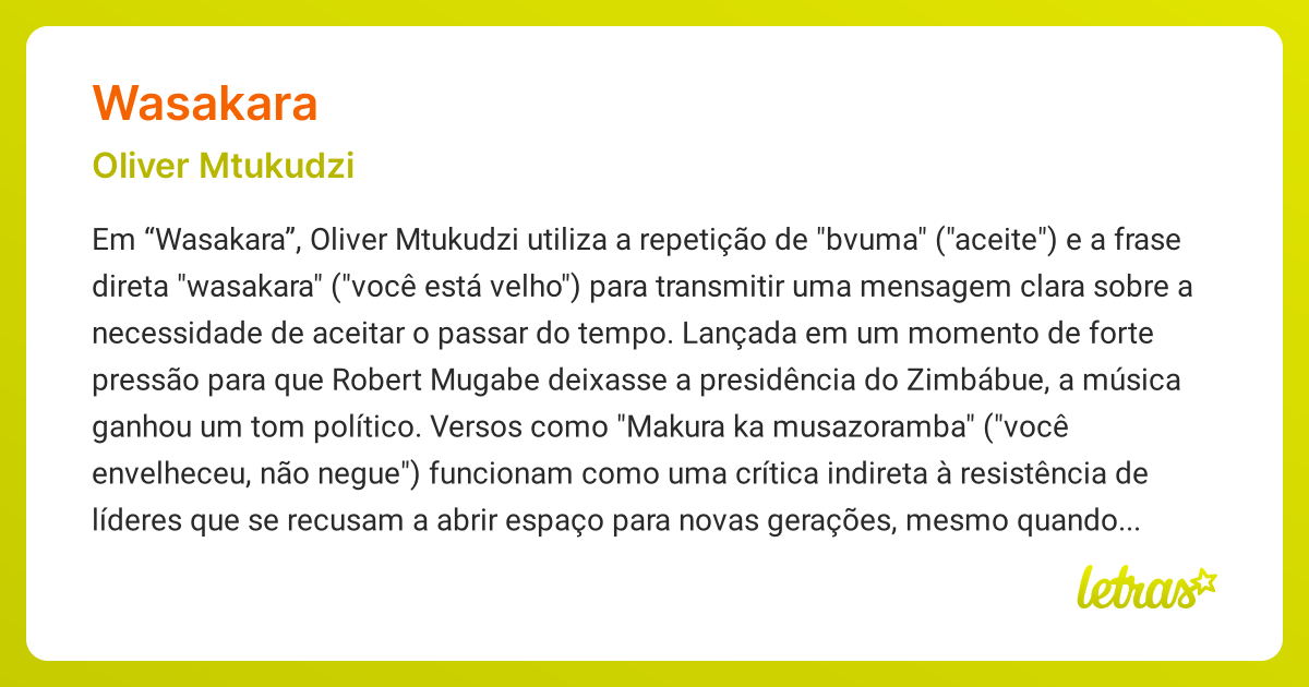 Significado da música WASAKARA (Oliver Mtukudzi) - LETRAS.MUS.BR