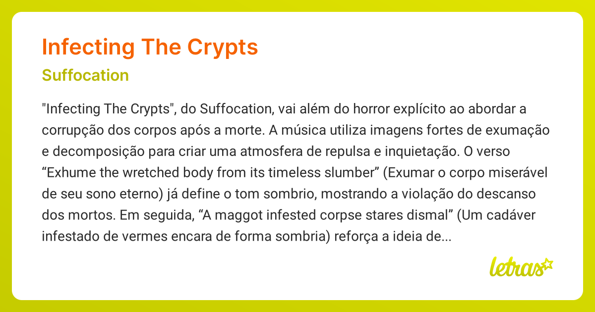 Significado da música INFECTING THE CRYPTS (Suffocation) - LETRAS.MUS.BR