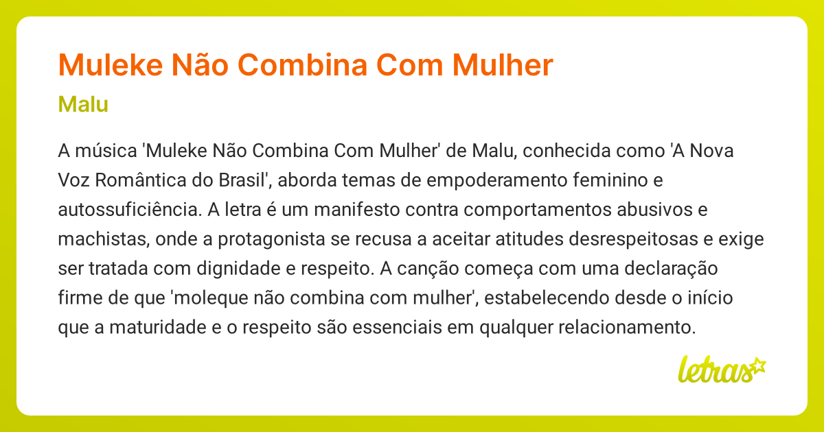 Significado da música MULEKE NÃO COMBINA COM MULHER (Malu) - LETRAS.MUS.BR