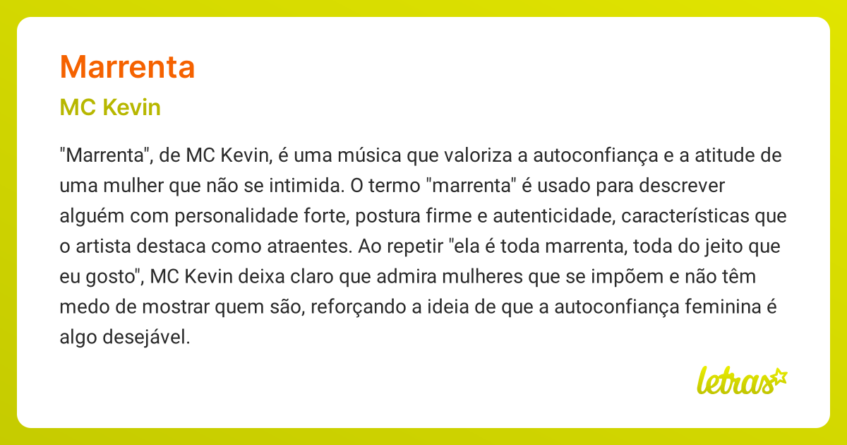 Significado da música MARRENTA (MC Kevin) - LETRAS.MUS.BR