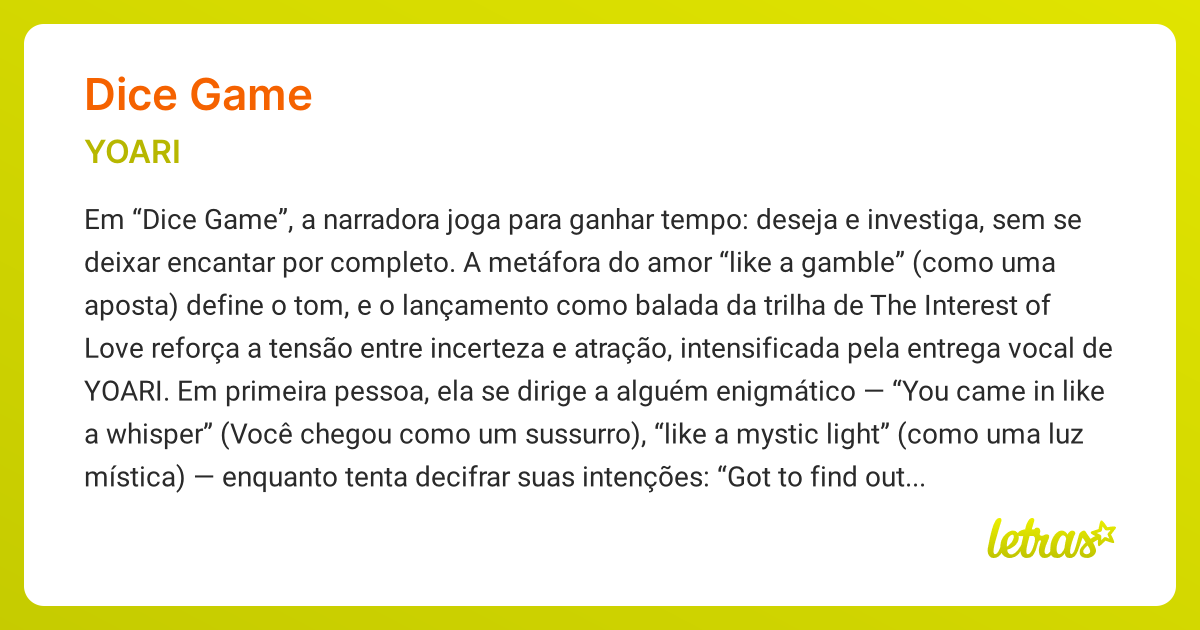 Significado da música DICE GAME (YOARI) - LETRAS.MUS.BR