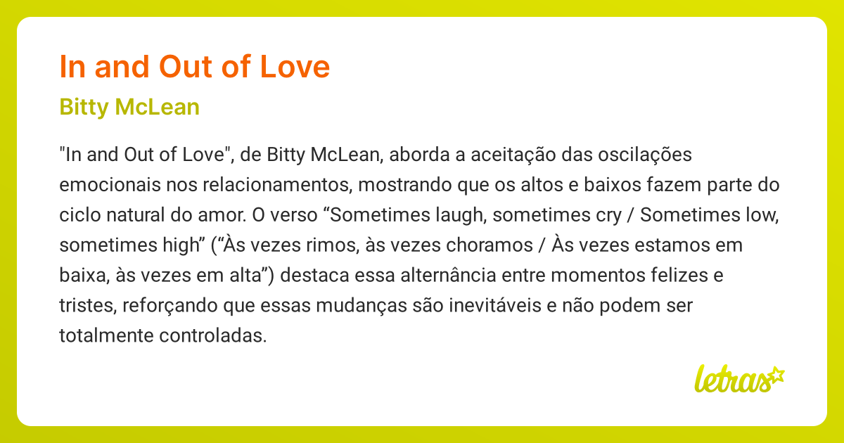 Significado da música IN AND OUT OF LOVE (Bitty McLean) - LETRAS
