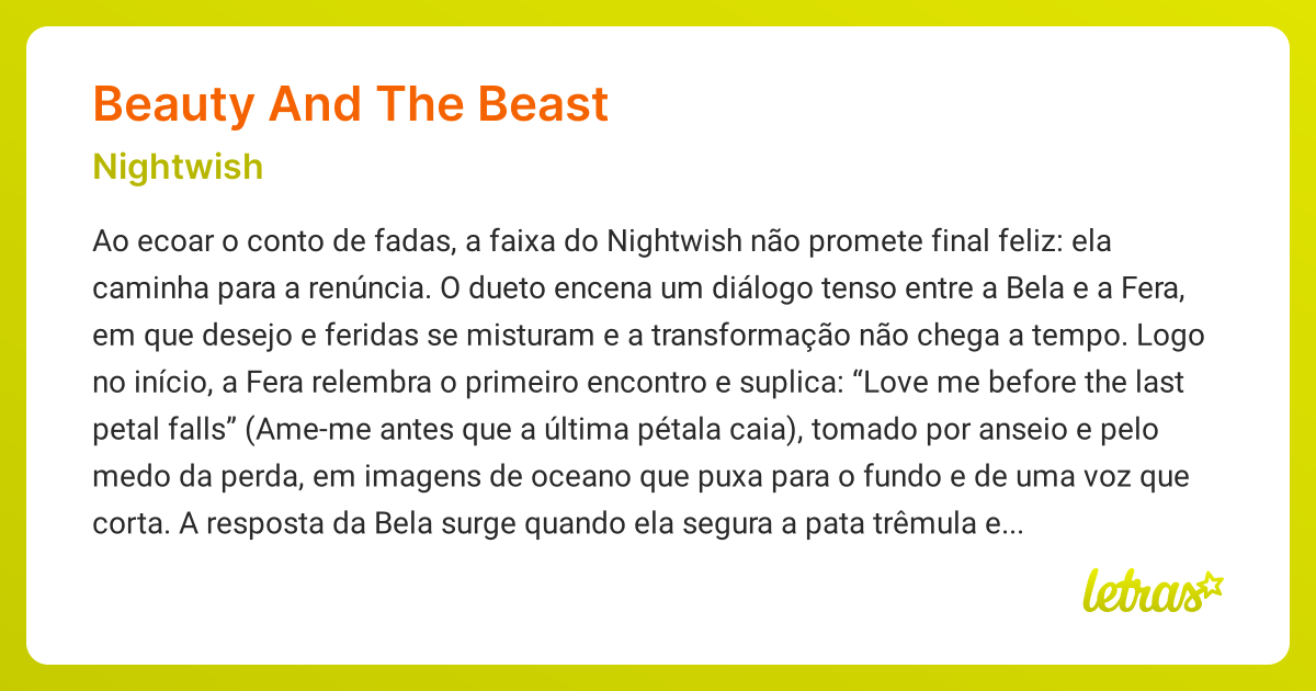Significado da música BEAUTY AND THE BEAST (Nightwish) LETRAS.MUS.BR