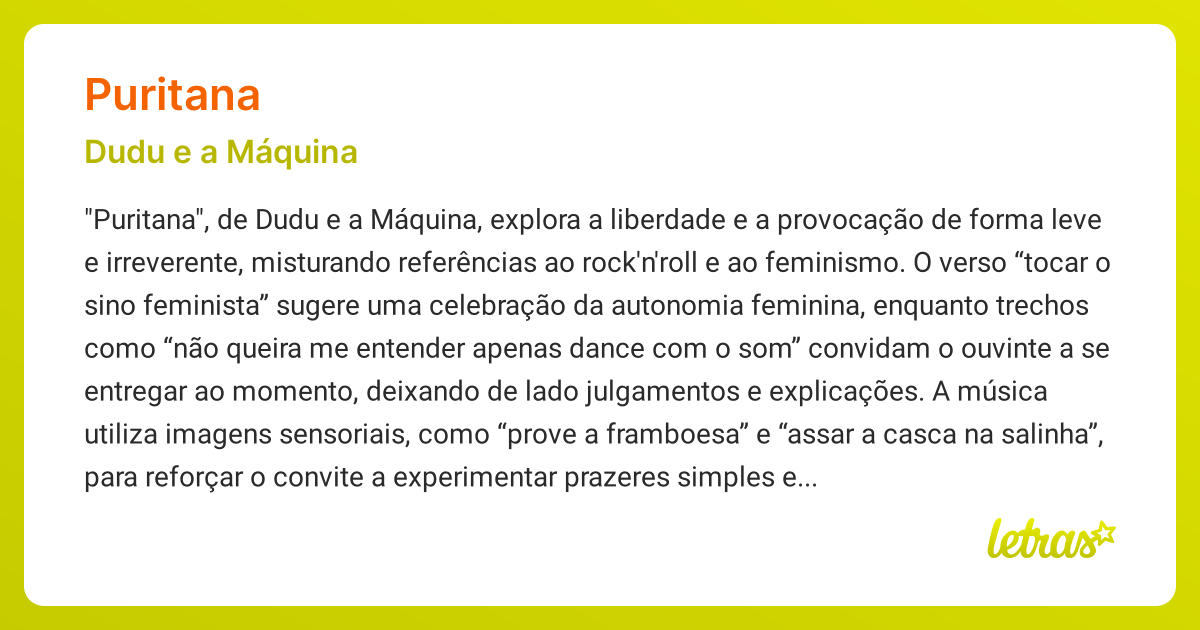 Significado da música PURITANA (Dudu e a Máquina) - LETRAS.MUS.BR