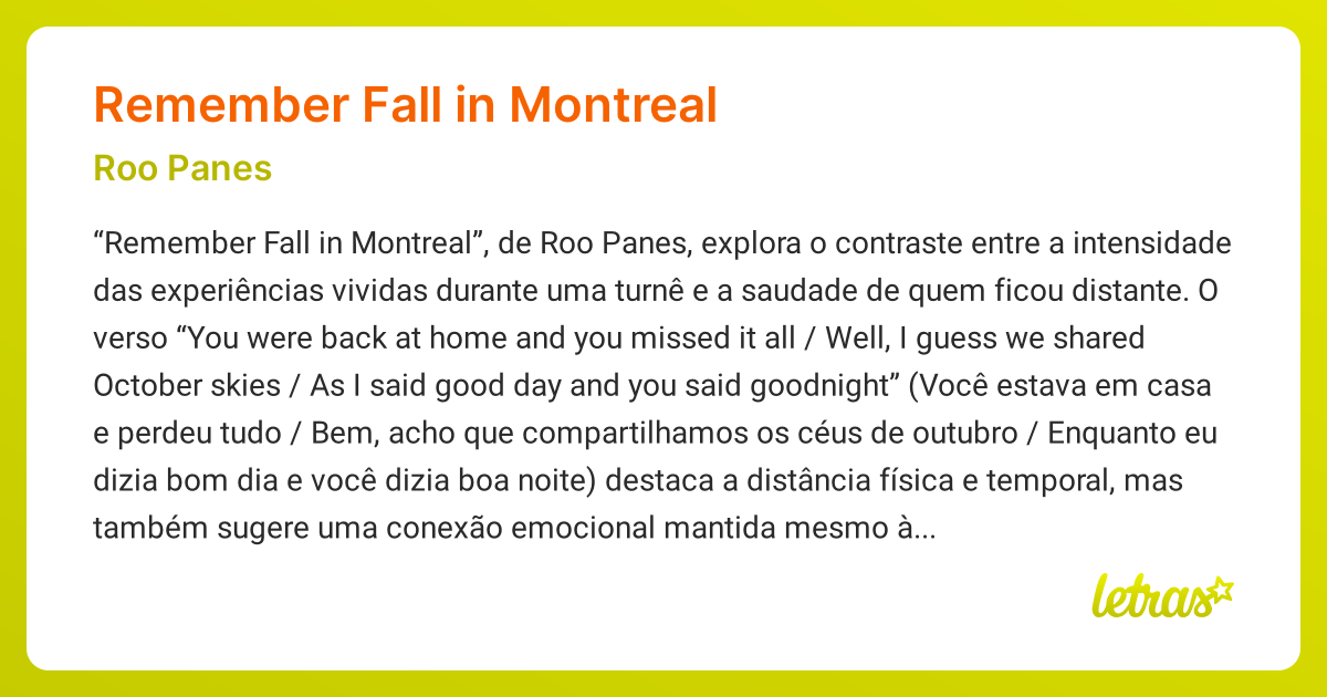 Significado da música REMEMBER FALL IN MONTREAL (Roo Panes) - LETRAS.MUS.BR
