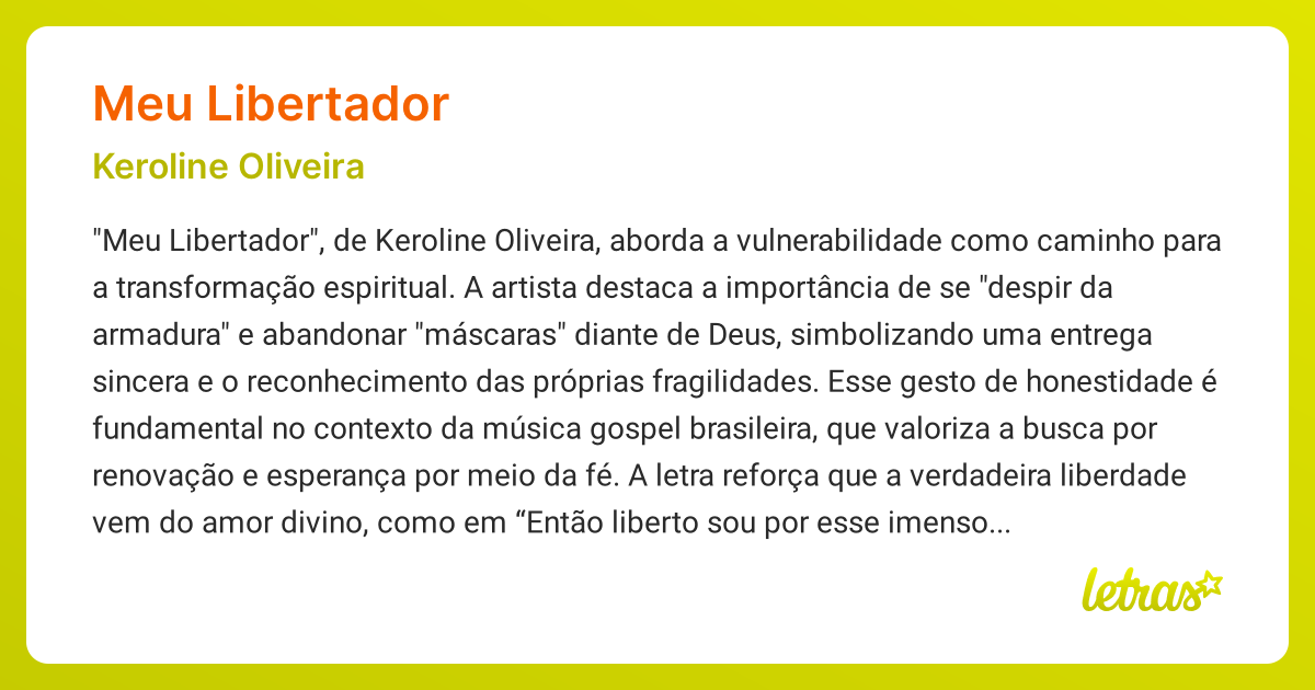 Significado da música MEU LIBERTADOR (Keroline Oliveira) - LETRAS.MUS.BR