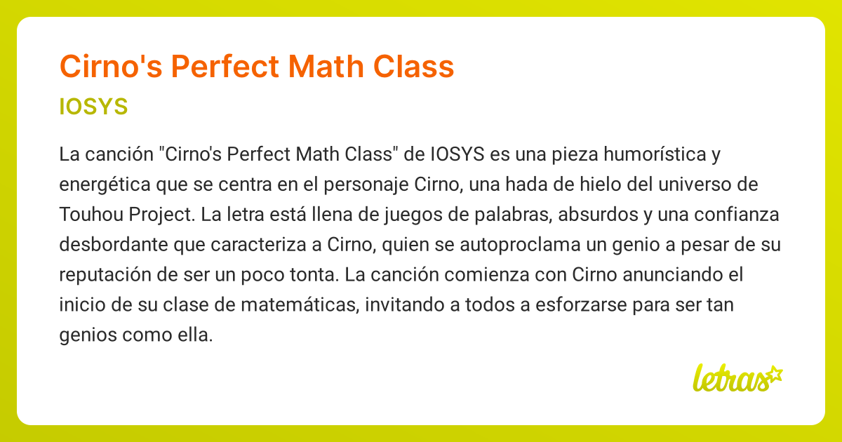 Significado de la canción CIRNO'S PERFECT MATH CLASS (IOSYS) - LETRAS.COM