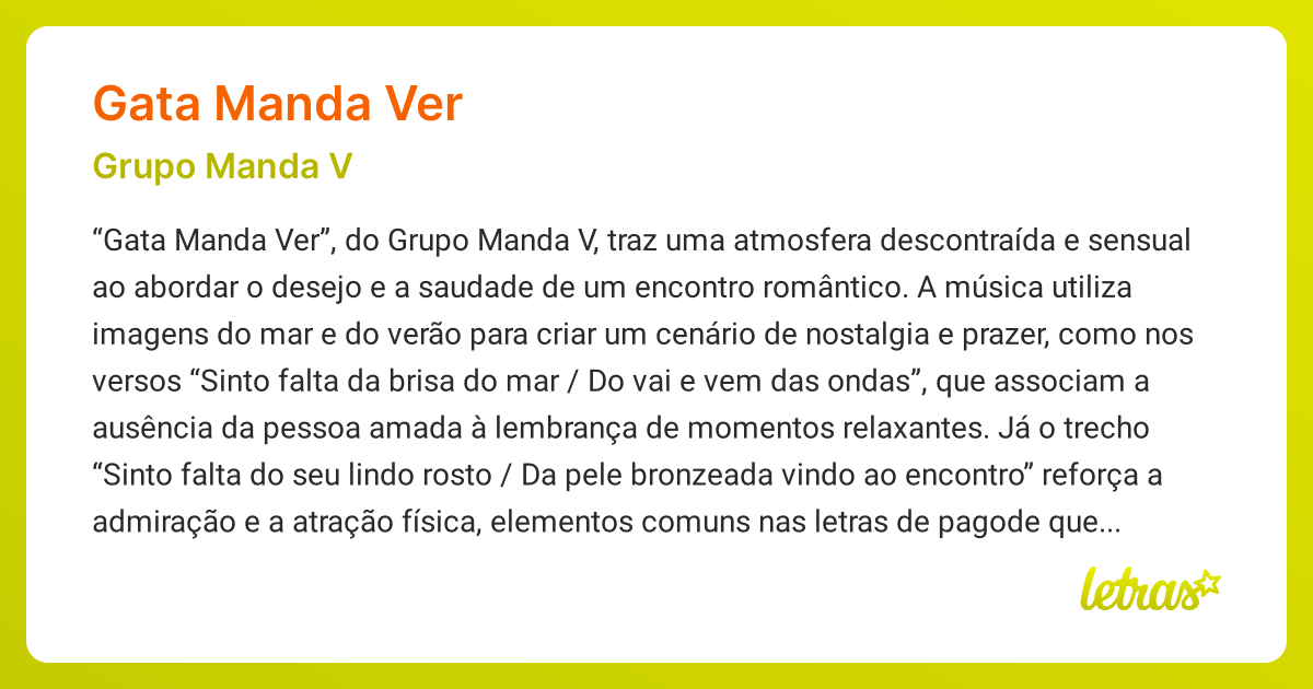 Significado da música GATA MANDA VER (Grupo Manda V) - LETRAS.MUS.BR