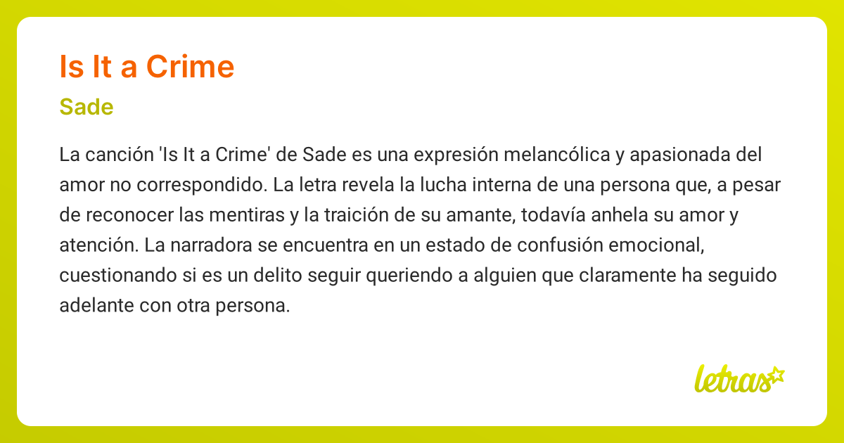 Significado de la canción IS IT A CRIME (Sade) - LETRAS.COM