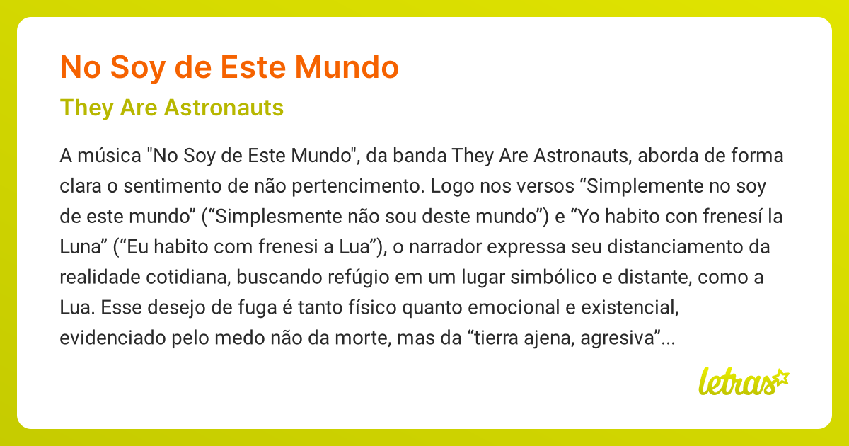 Significado da música NO SOY DE ESTE MUNDO (They Are Astronauts ...