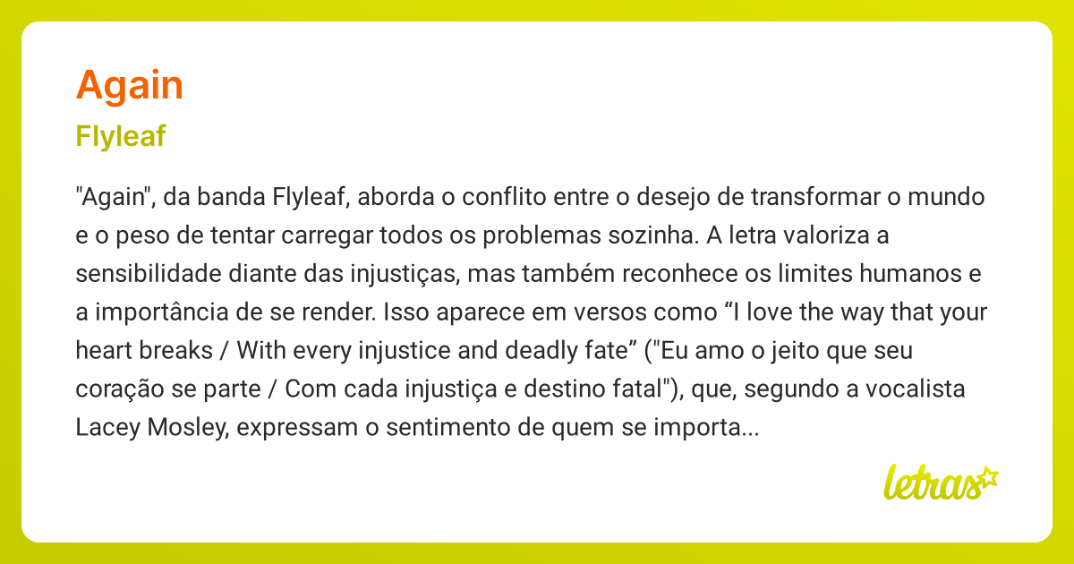 Significado da música AGAIN (Flyleaf) - LETRAS.MUS.BR