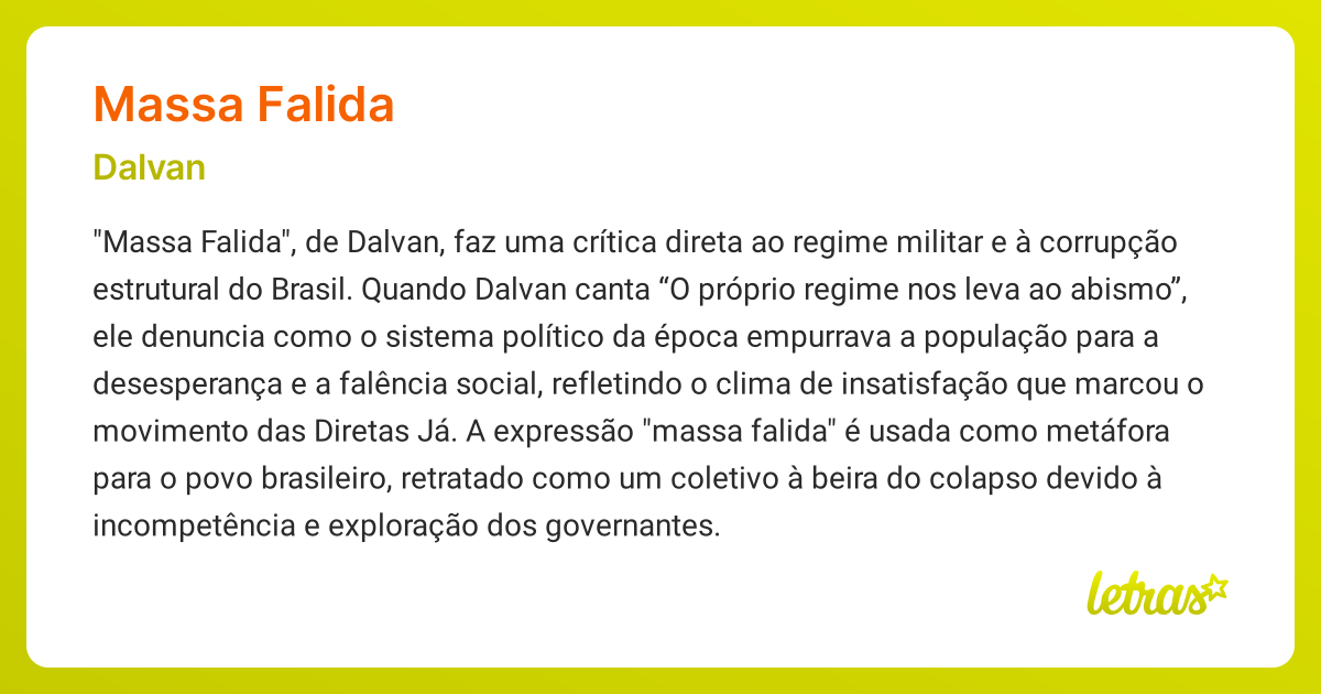 Significado da música MASSA FALIDA (Dalvan) - LETRAS.MUS.BR