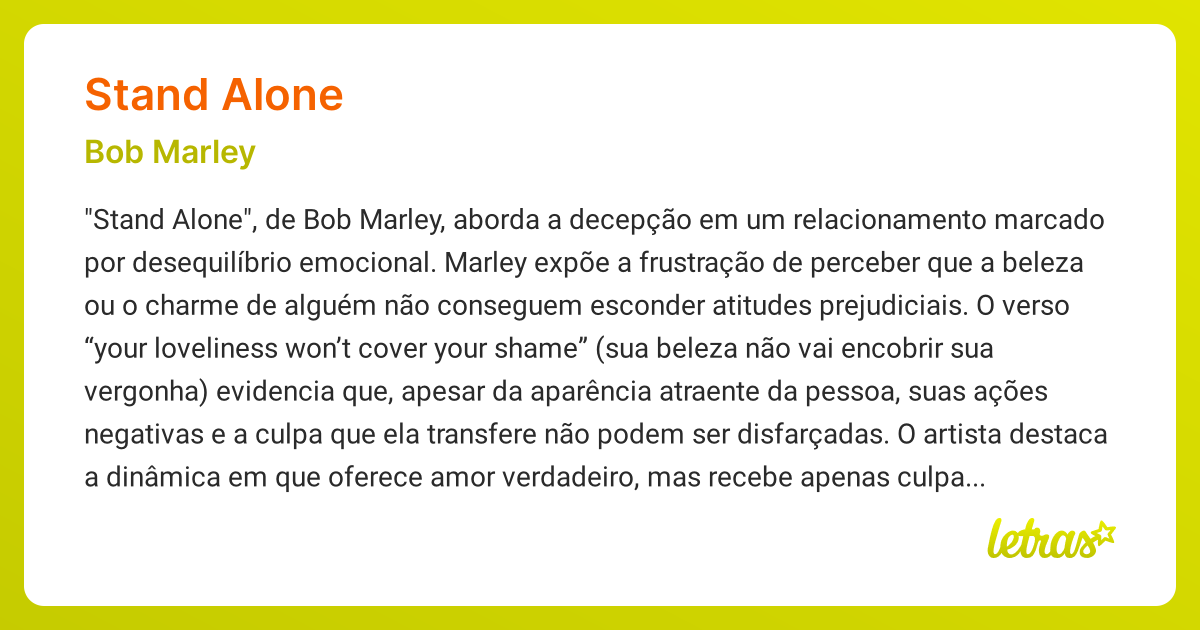 Significado da música STAND ALONE (Bob Marley) LETRAS.MUS.BR