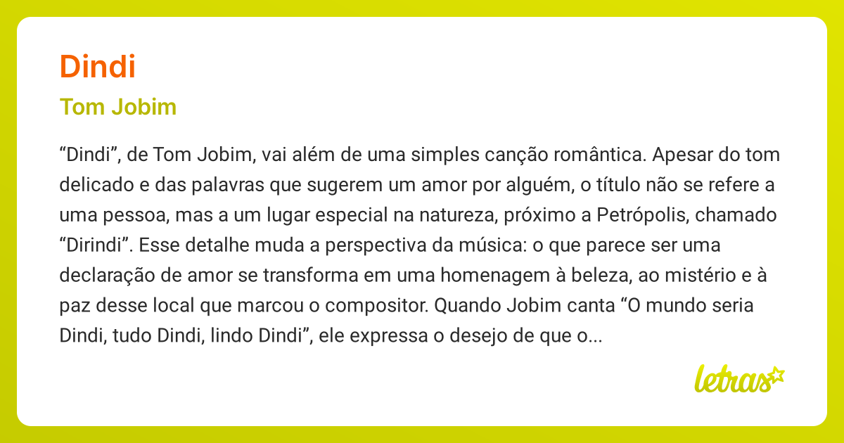 Significado da música DINDI (Tom Jobim) - LETRAS.MUS.BR