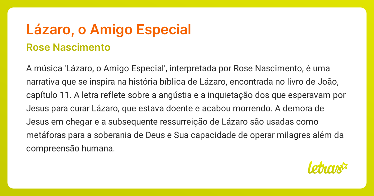 Significado da música LÁZARO, O AMIGO ESPECIAL (Rose Nascimento ...