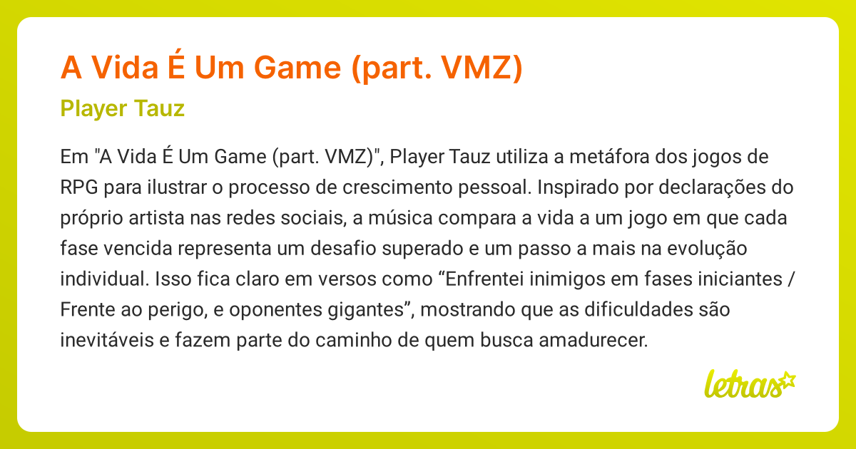 Significado da música A VIDA É UM GAME (PART. VMZ) (Player Tauz ...