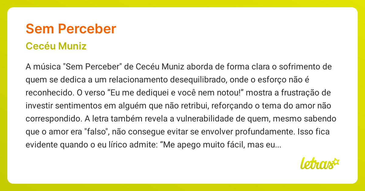 Significado da música SEM PERCEBER (Cecéu Muniz) - LETRAS.MUS.BR