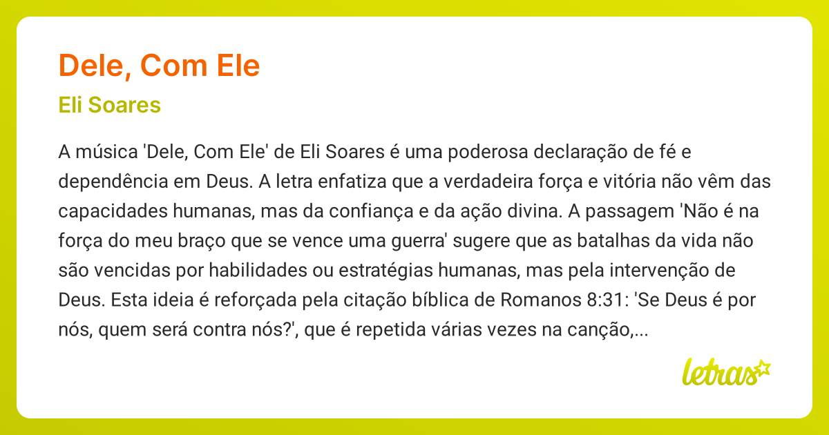 Significado da música DELE, COM ELE (Eli Soares) - LETRAS.MUS.BR