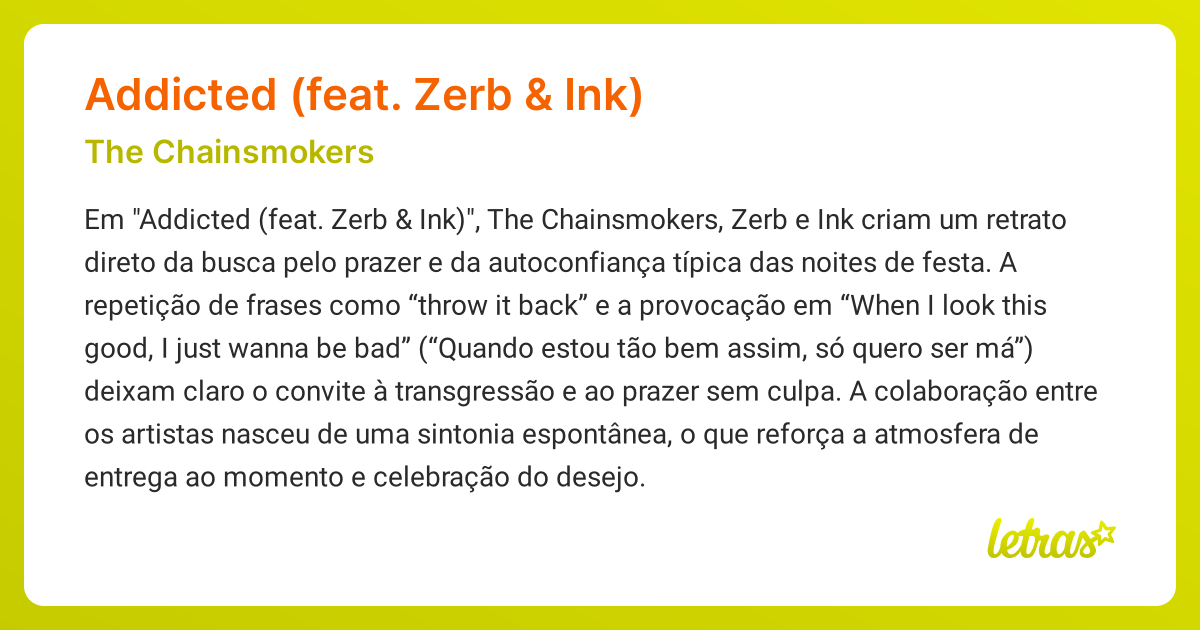 Significado da música ADDICTED (FEAT. ZERB & INK) (The Chainsmokers ...