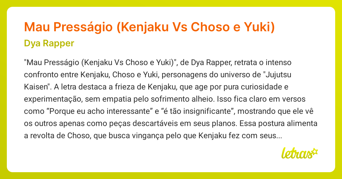 Significado da música Mau Presságio (Kenjaku Vs Choso e Yuki) (Dya ...