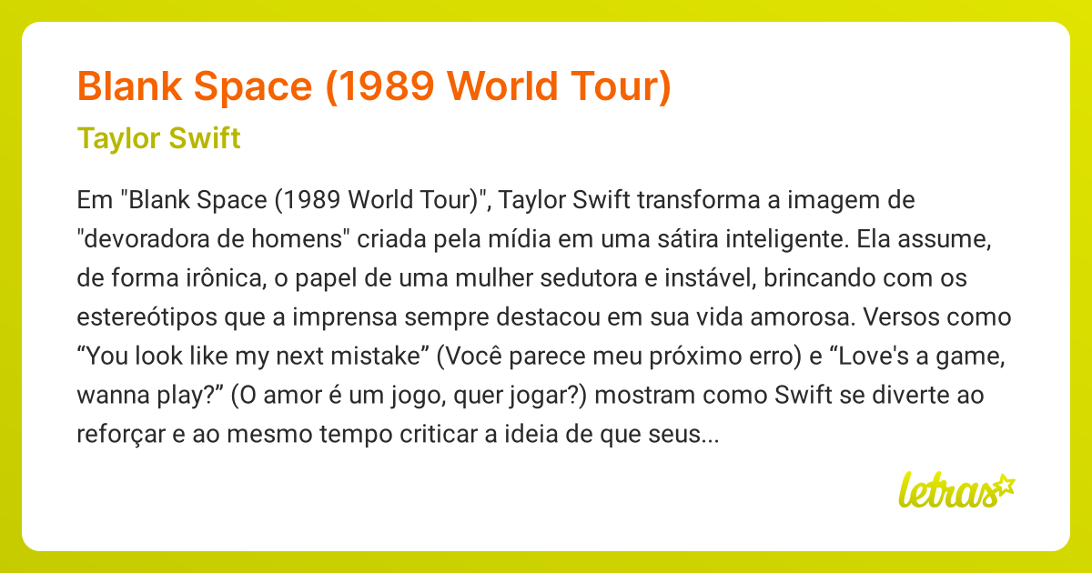 Significado da música BLANK SPACE (1989 WORLD TOUR) (Taylor Swift ...