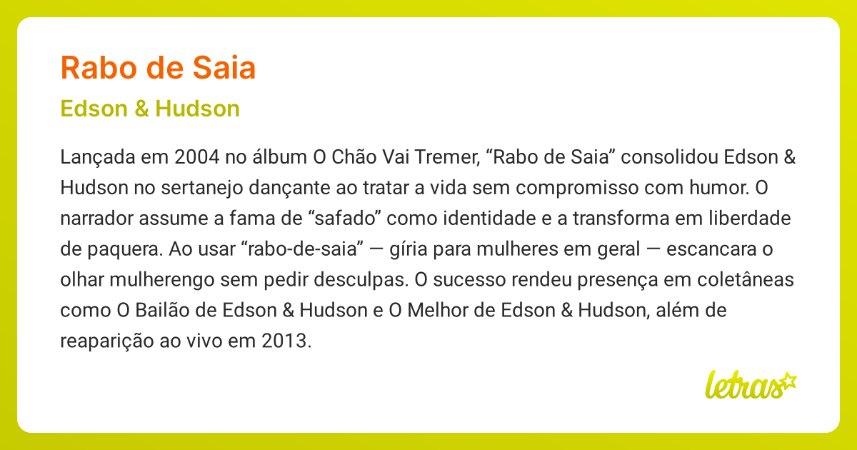 Significado da música RABO DE SAIA (Edson & Hudson) - LETRAS.MUS.BR