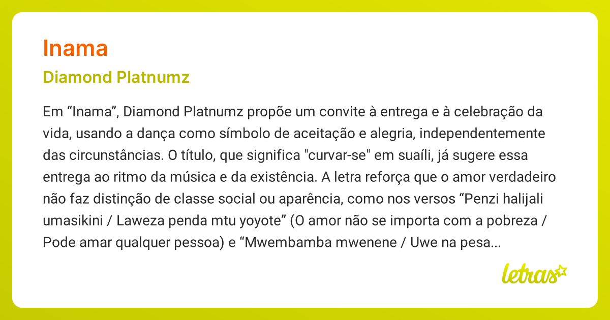 Significado da música INAMA (Diamond Platnumz) - LETRAS.MUS.BR