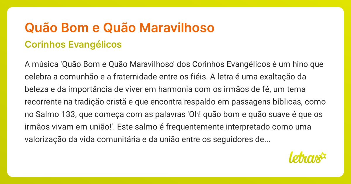 Significado da música QUÃO BOM E QUÃO MARAVILHOSO (Corinhos Evangélicos ...