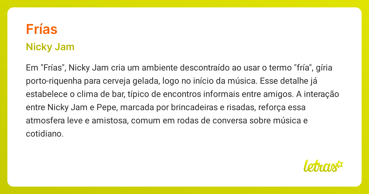 Significado da música FRÍAS (Nicky Jam) - LETRAS.MUS.BR