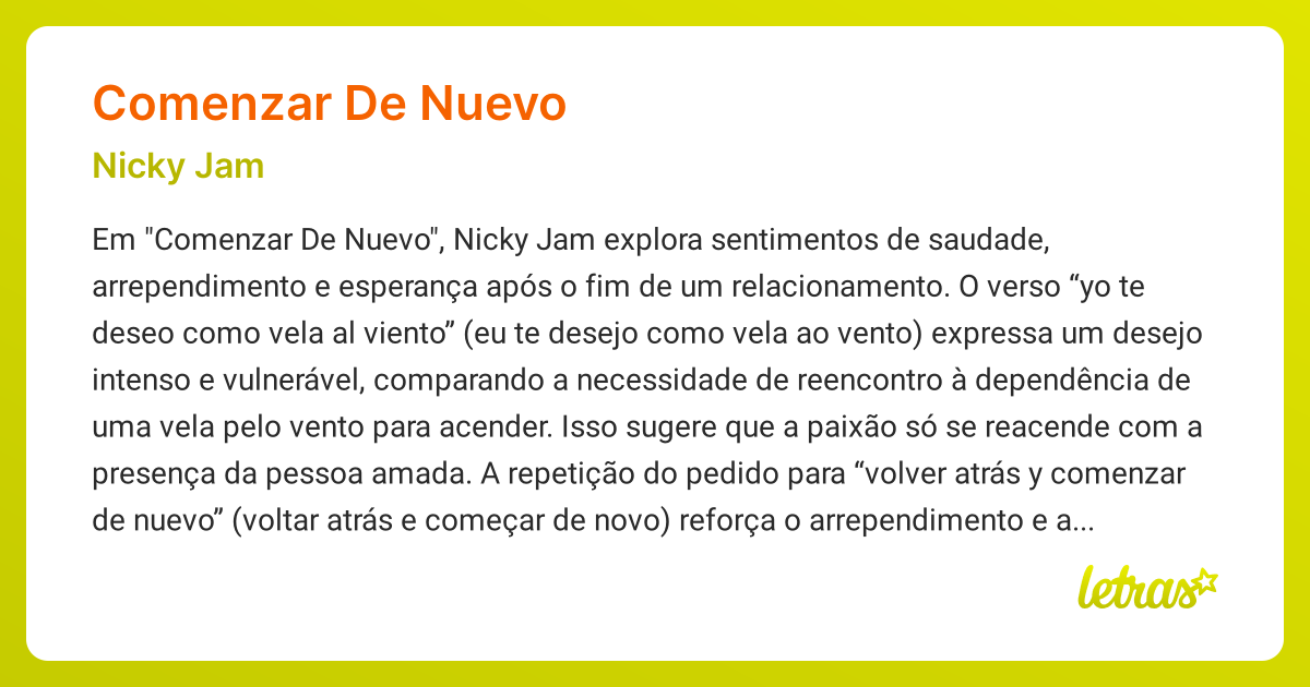 Significado da música COMENZAR DE NUEVO (Nicky Jam) - LETRAS.MUS.BR