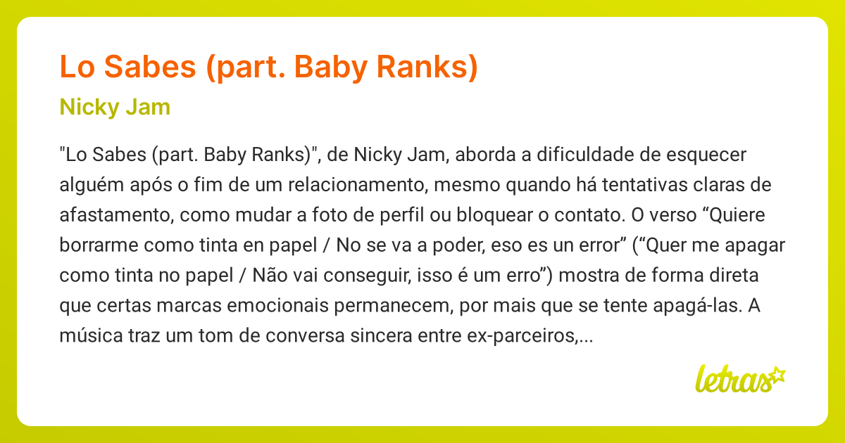 Significado da música LO SABES (PART. BABY RANKS) (Nicky Jam) - LETRAS ...