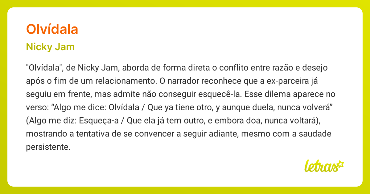 Significado da música OLVÍDALA (Nicky Jam) - LETRAS.MUS.BR