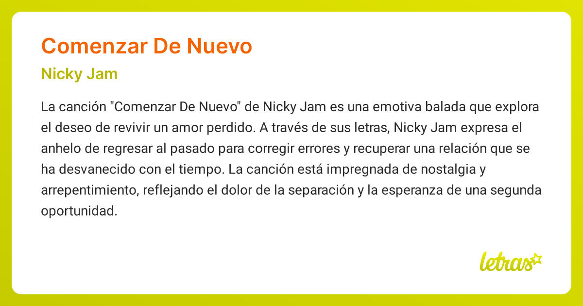 Significado de la canción COMENZAR DE NUEVO (Nicky Jam) - LETRAS.COM