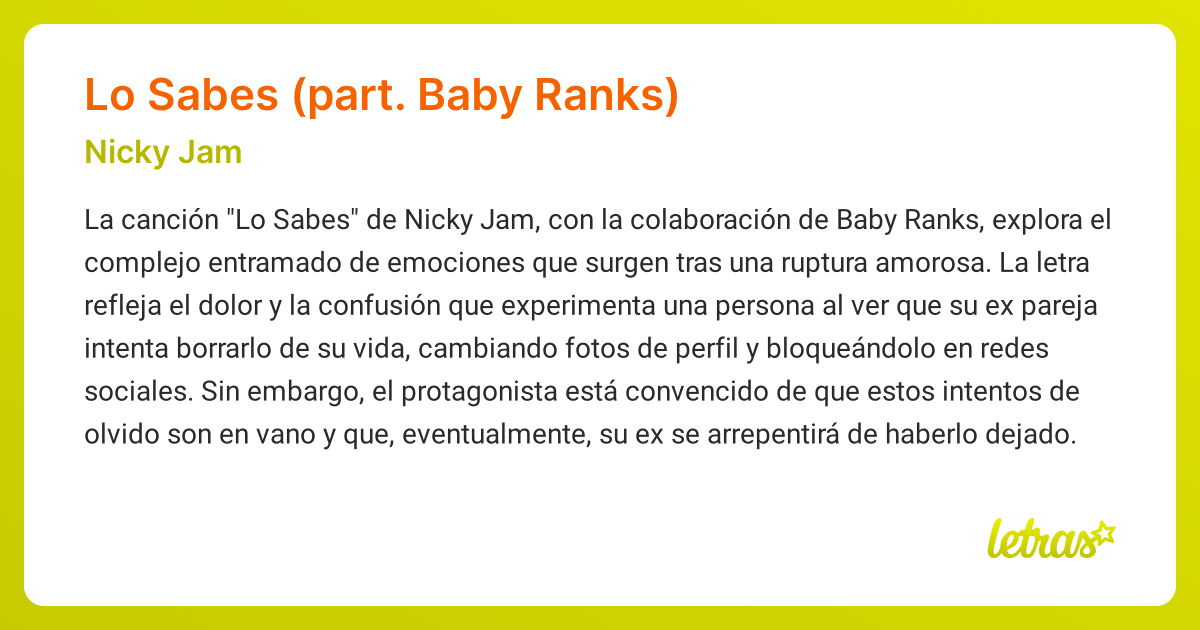 Significado de la canción LO SABES (PART. BABY RANKS) (Nicky Jam ...