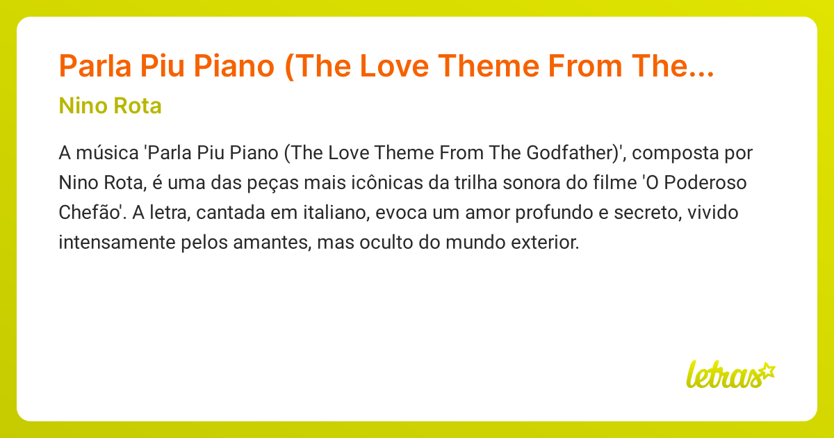 Significado da música Parla Piu Piano (The Love Theme From The ...