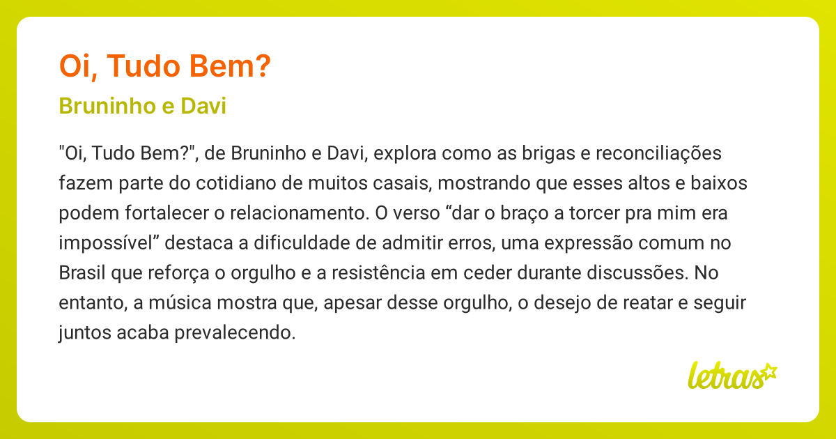 Significado da música OI, TUDO BEM? (Bruninho e Davi) - LETRAS.MUS.BR