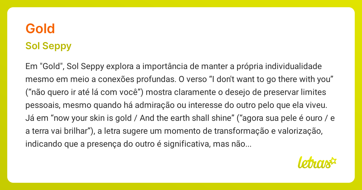 Significado da música GOLD (Sol Seppy) - LETRAS.MUS.BR